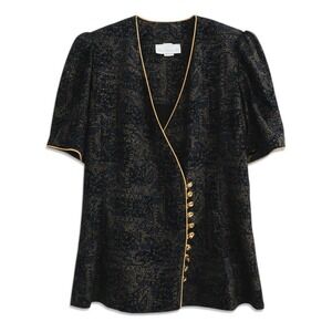 Meryl Fashions Ltd Vintage 80s 90s Blouse Womens 12 Black Gold Button Up Top